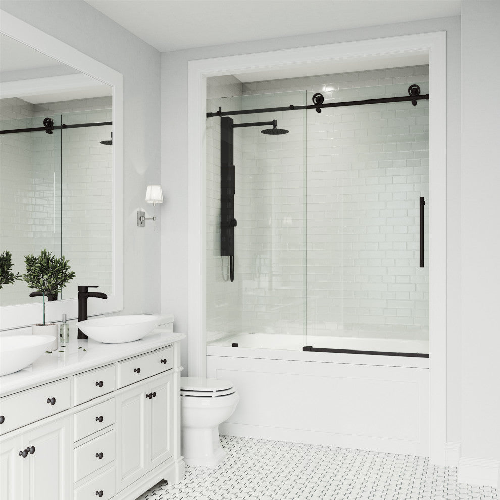 VIGO Elan Cass Aerodynamic 56" to 60" W x 66" H Frameless Sliding Tub Door, Matte Black, Clear Glass