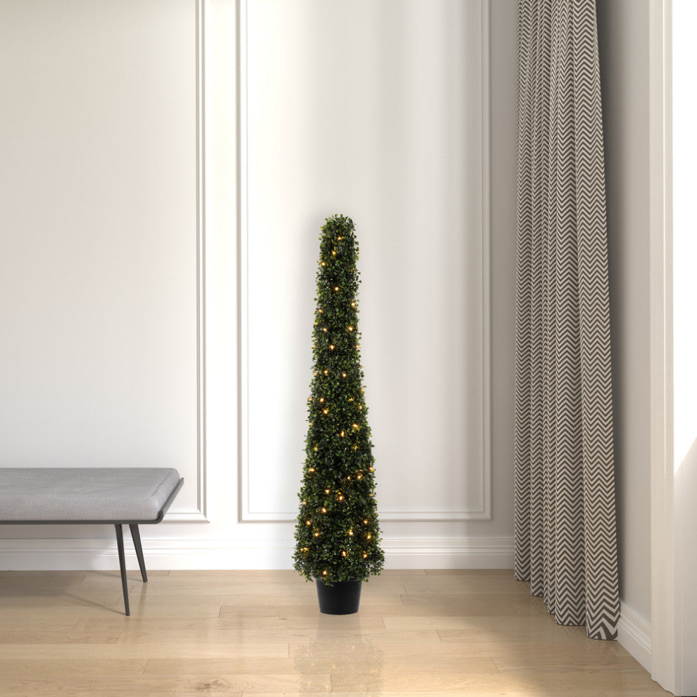 Vickerman Potted Green Boxwood Cone UV, White, 4'