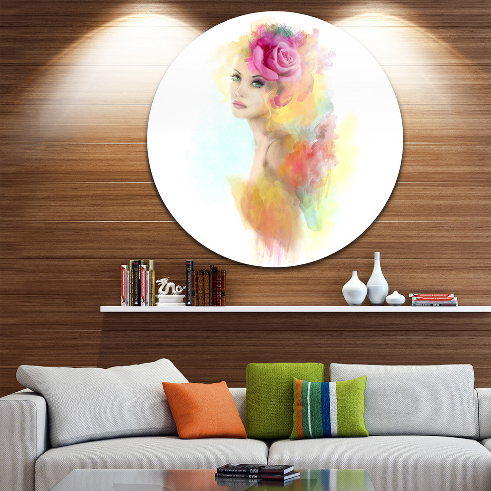 Summer Woman With Flowers, Floral Painting Disc Metal Artwork, 38"