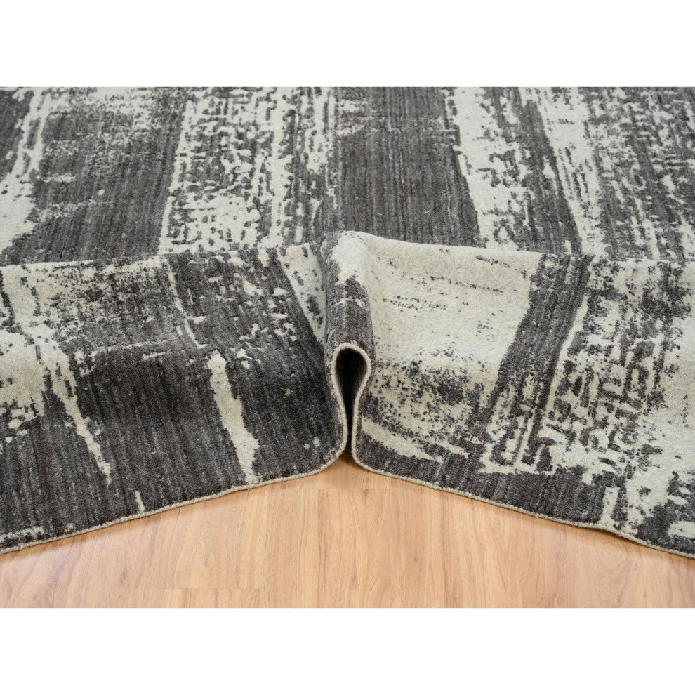Black, Modern Design, Wool and Silk, Hand Loomed, Oversized, Rug, 12'0" x 18'1"