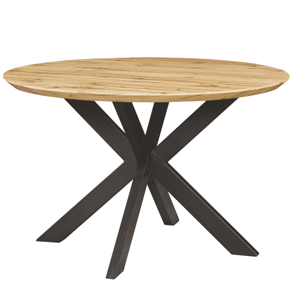 Ravenna 47" Round Dining Table MDF Tabletop in Geometric Metal Base, Natural Wood