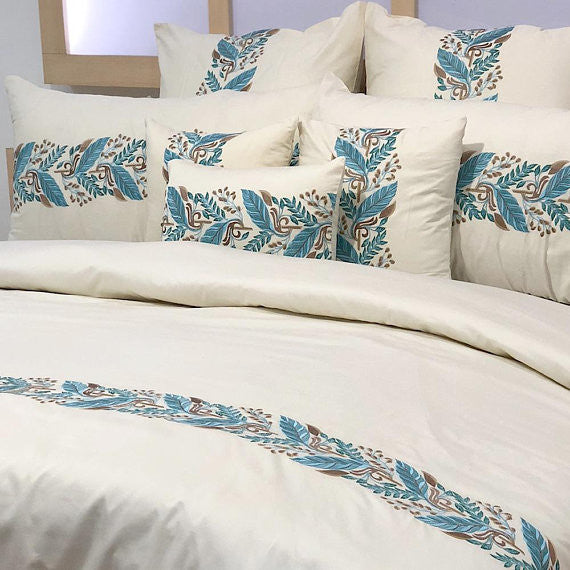 King Duvet Cover 3 Pc set in Cream Cotton with Embroidery, Fern Embroidery