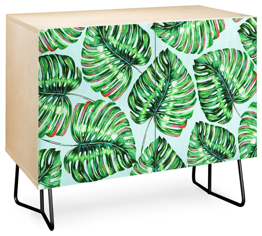 Deny Designs Tropical Greenery Credenza, Birch, Black Steel Legs