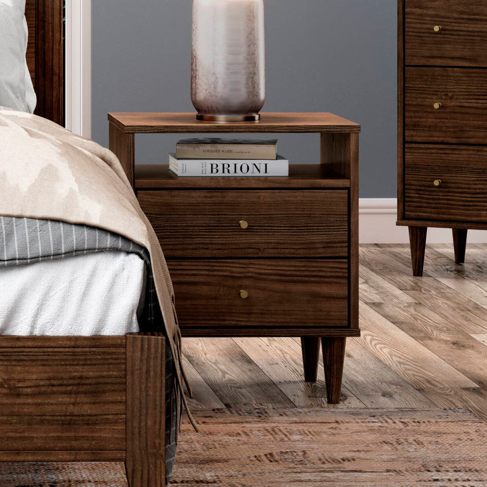 Mid Century 2-Drawer Nightstand, Brushed Walnut