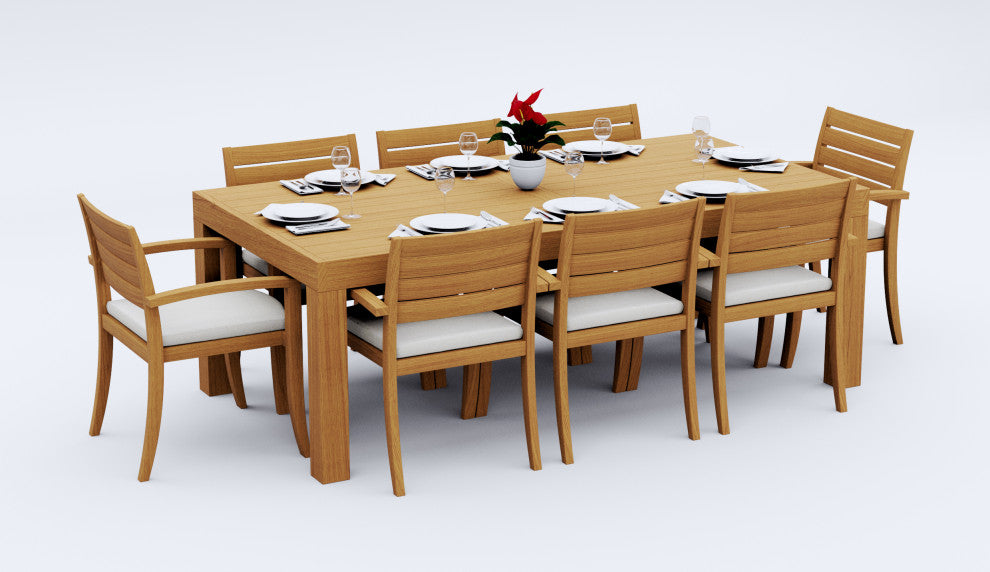 9-Piece Outdoor Teak Dining Set: 86" Rectangle Table, 8 Trav Stacking Arm Chairs