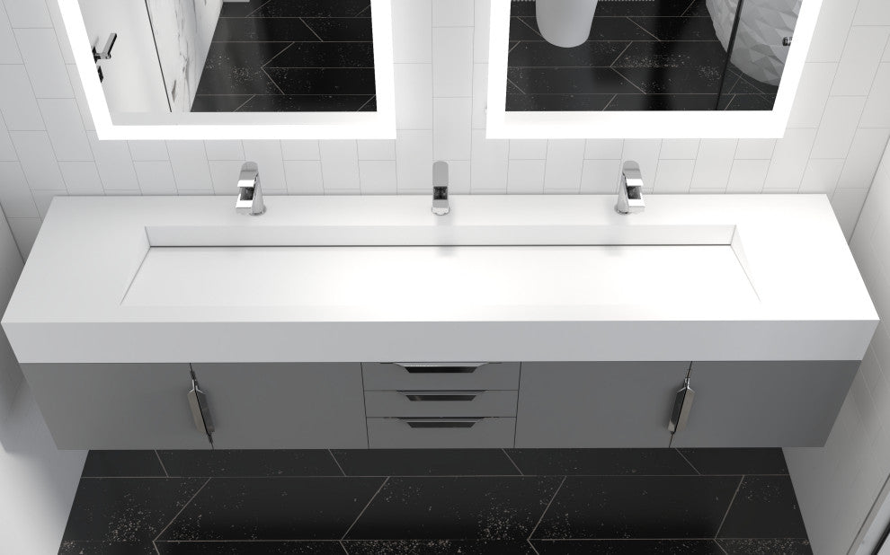 CastelloUSA Nile 84" Wall Mounted Bathroom Vanity Set, Gray, White Top, Chrome Handles