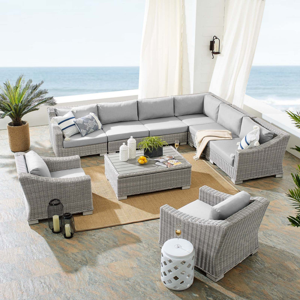Lounge Sectional Sofa Chair Table Set, Rattan, Wicker, Gray, Outdoor