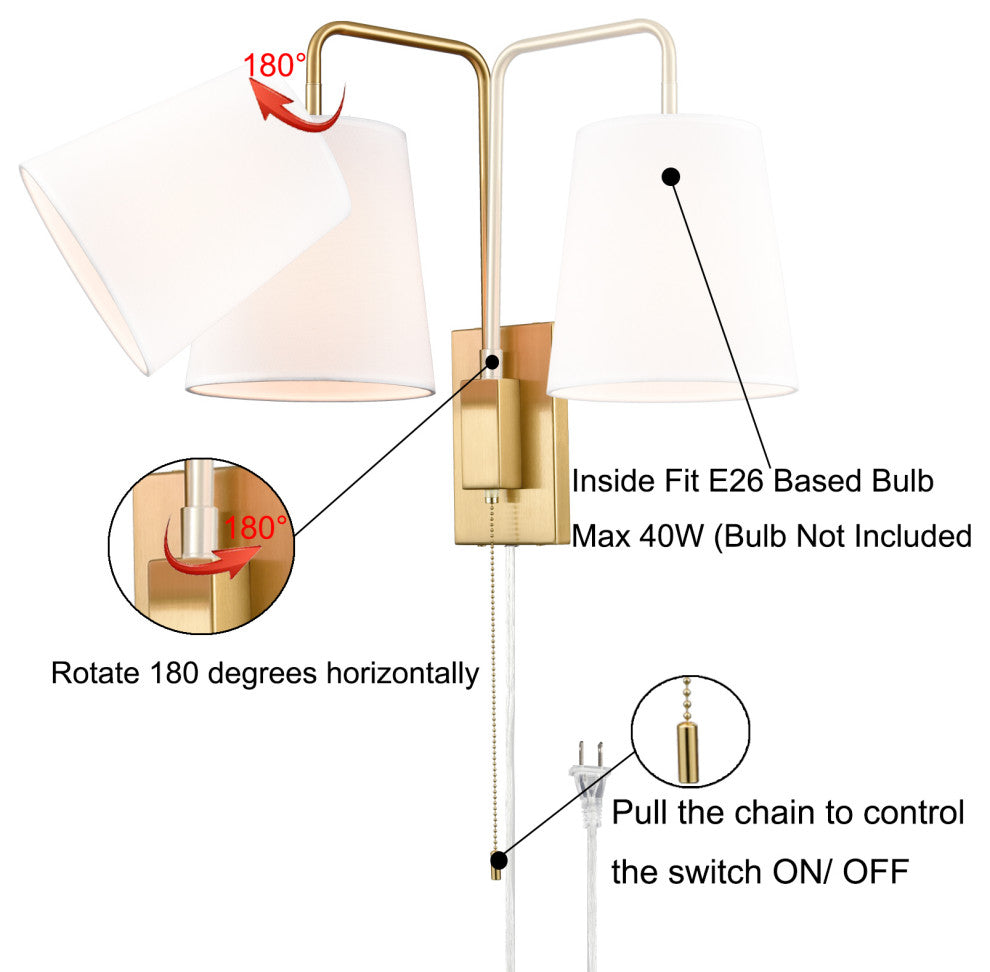 Gold Fabric Shade Wall Sconce Bedroom Plug-in Wall Lamp Set of 2
