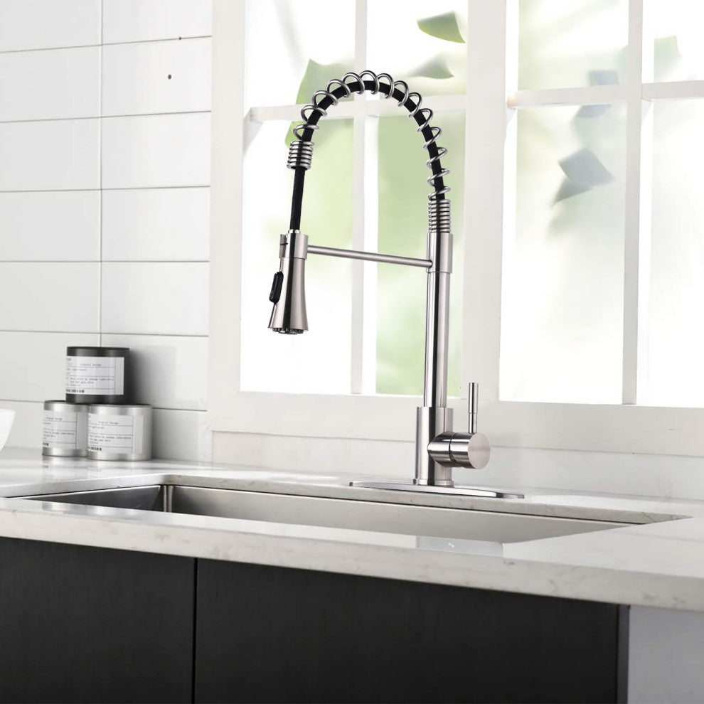 Single Handle Deck Mounted Spring Neck Pull Down Kitchen Faucet with Sprayer, Br