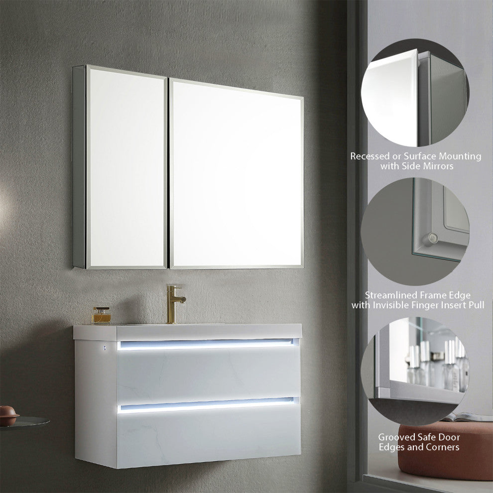 Aluminum Bathroom Medicine Cabinet, Recess Or Surface Mount, 30"x26"