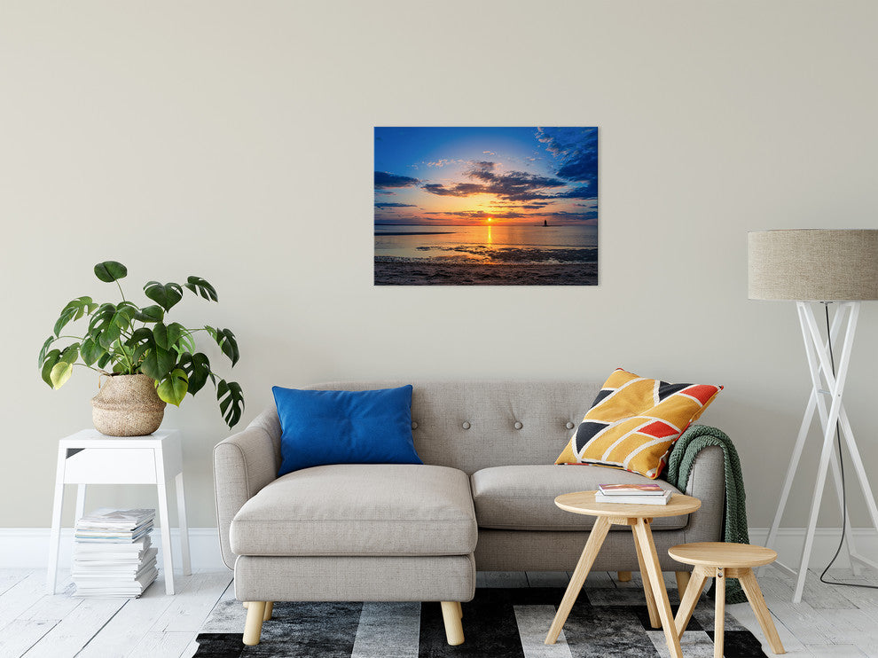 Sunset at Breakwater Lighthouse Coastal Landscape Photo Canvas Print, 24" X 36"