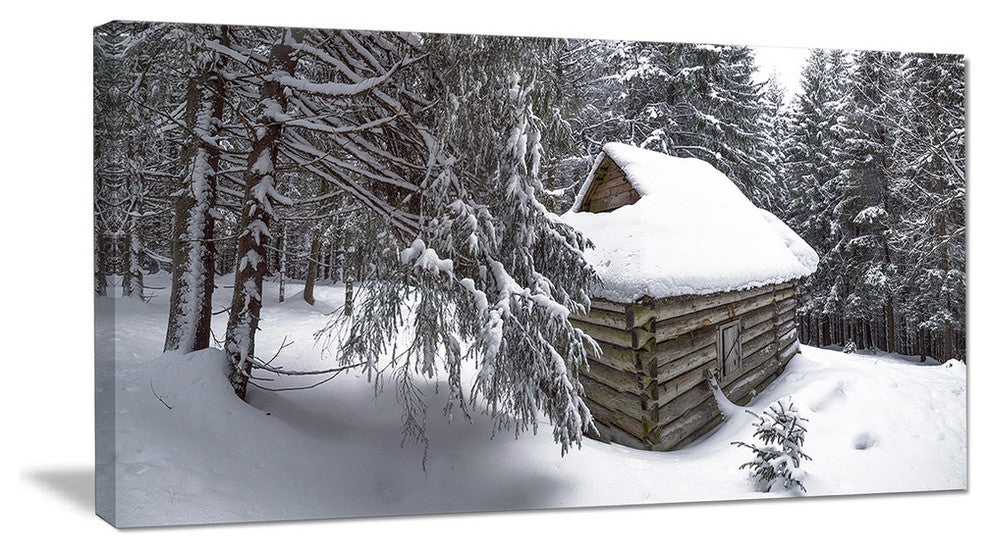 House in Magic Winter Forest, Landscape Canvas Art Print, 60"x28"