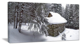House in Magic Winter Forest, Landscape Canvas Art Print, 60"x28"