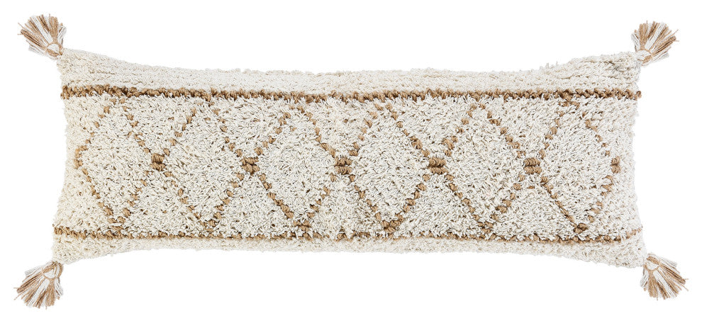 Boho-Chic Diamond Jute and Cotton Throw Pillow, 14" X 36"