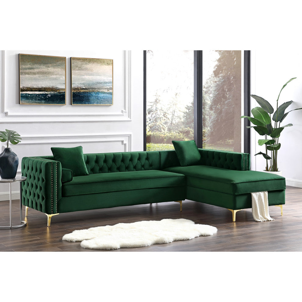 Jeannie Velvet Tufted With Nailhead Trim Sectional, Hunter Green, Right Facing