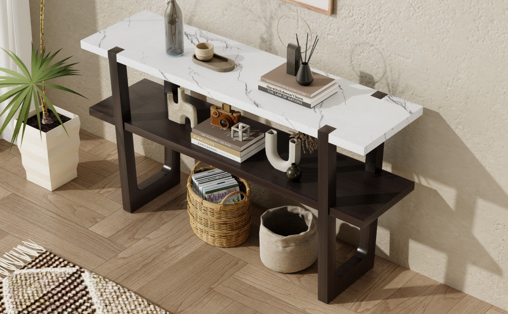 TATEUS Narrow Console Table with Marble-Effect Top for Entryway and Living Room, Espresso
