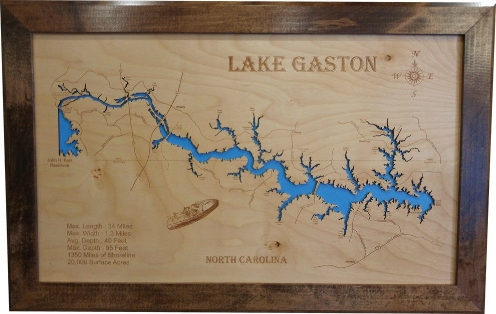 Lake Gaston, North Carolina-Wood Lake Map, Large Framed