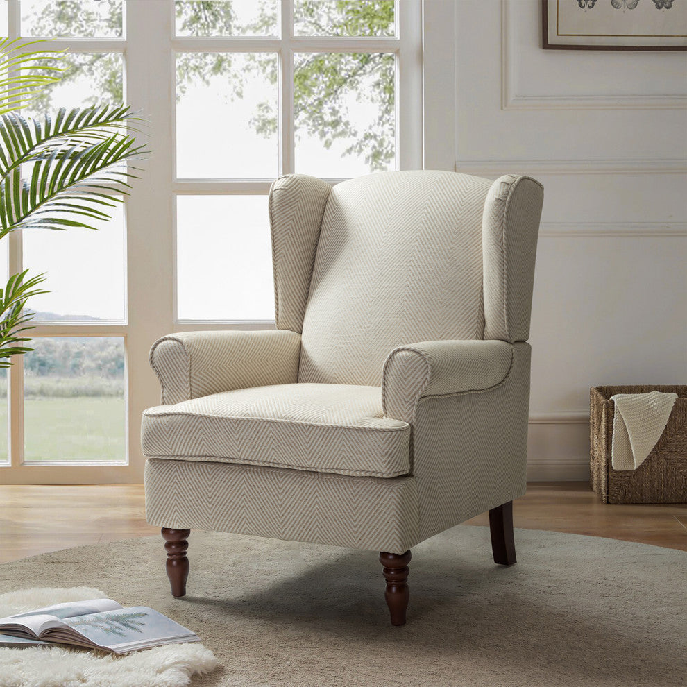 Floral Wingback Armchair with Turned Legs, Tan