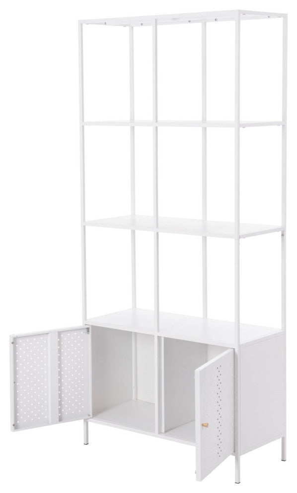 Bookcase Wall Shelf Rack, Steel Metal, White, Gold, Lounge Lobby Hospitality