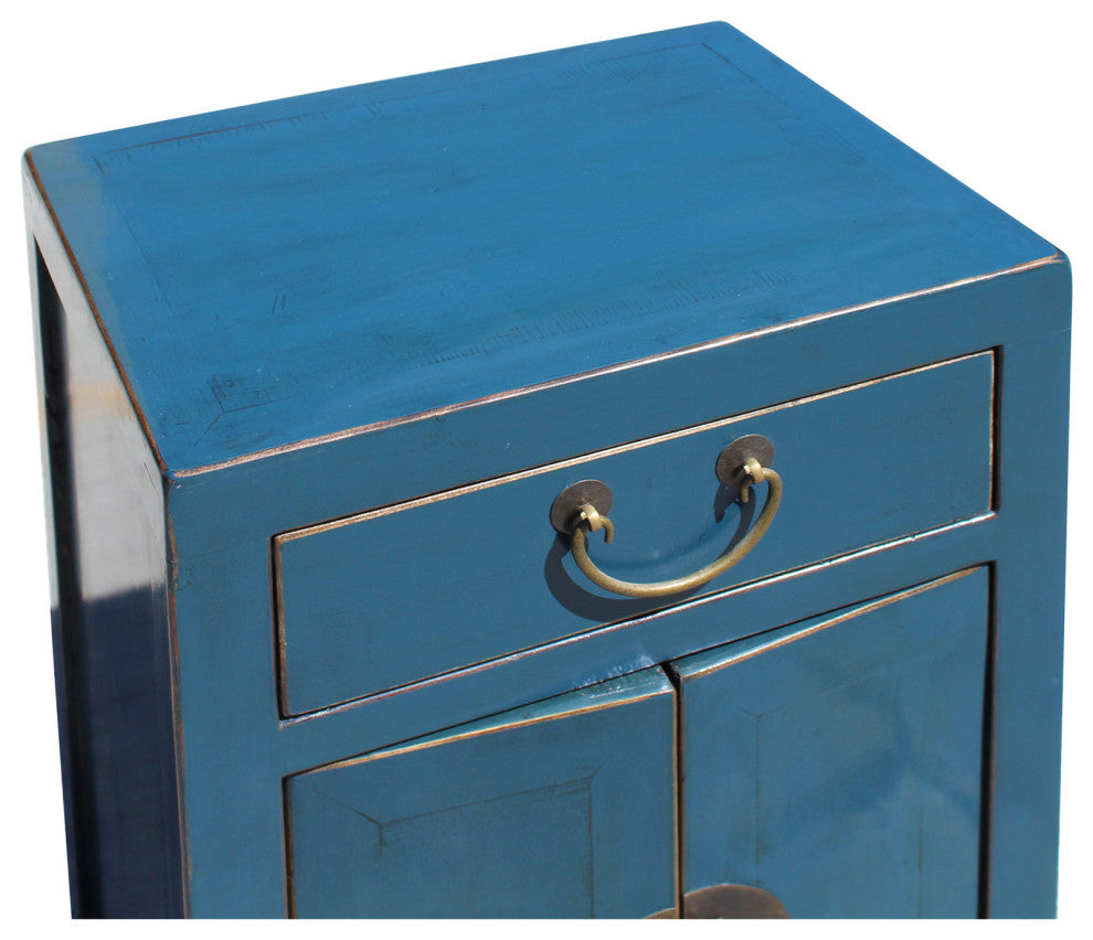 Oriental Distressed Teal Blue Chathams Lacquer Side End Table Nightsta