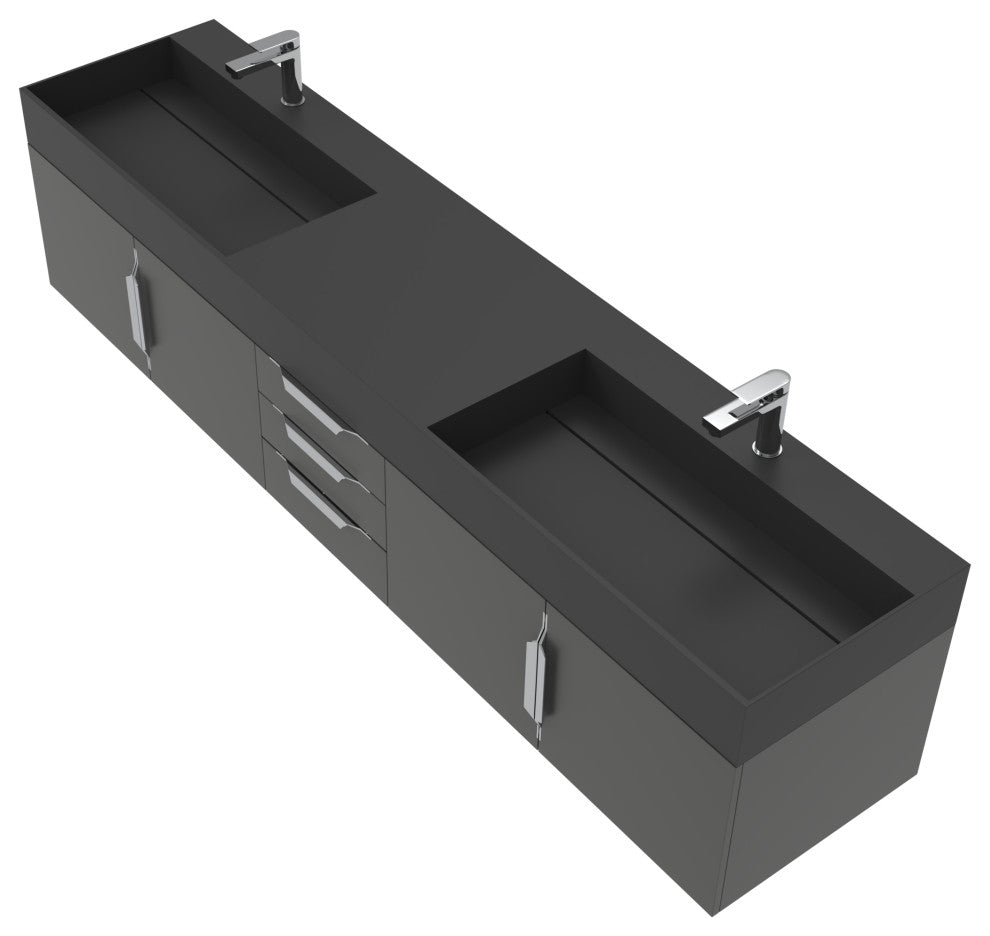 CastelloUSA Amazon 84" Wall Mounted Bathroom Vanity Set, Black, Black Top, Brushed Nickel