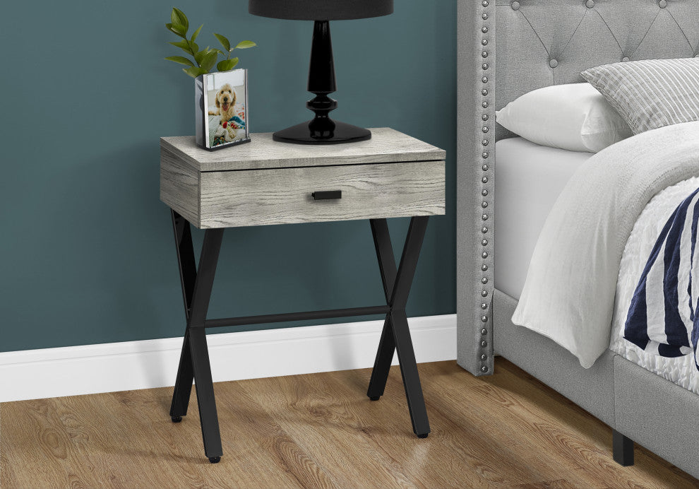 Accent Table, Lamp, Storage Drawer, Metal, Laminate, Grey, Black