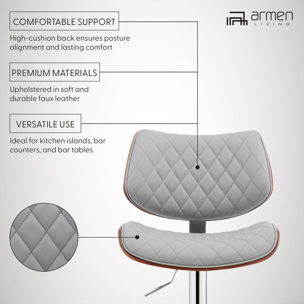 Leland Adjustable Faux Leather and Metal Bar Stool, Gray and Chrome