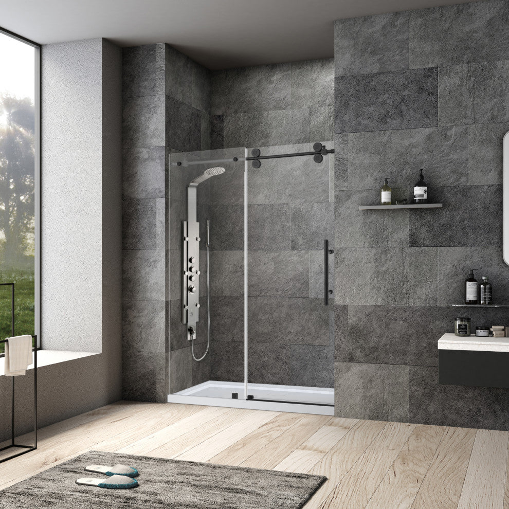 Villena Single Sliding Frameless Shower Door, Matte Black, 60"