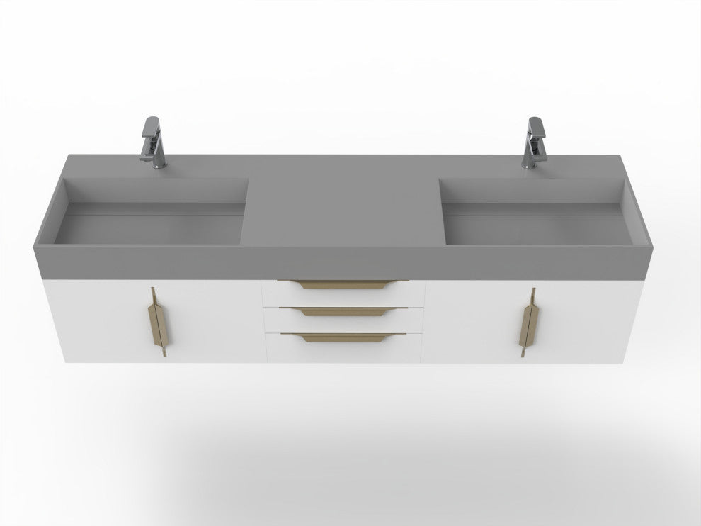 CastelloUSA Amazon 72" Wall Mounted Vanity Set, White, Gray Top, Gold Handles