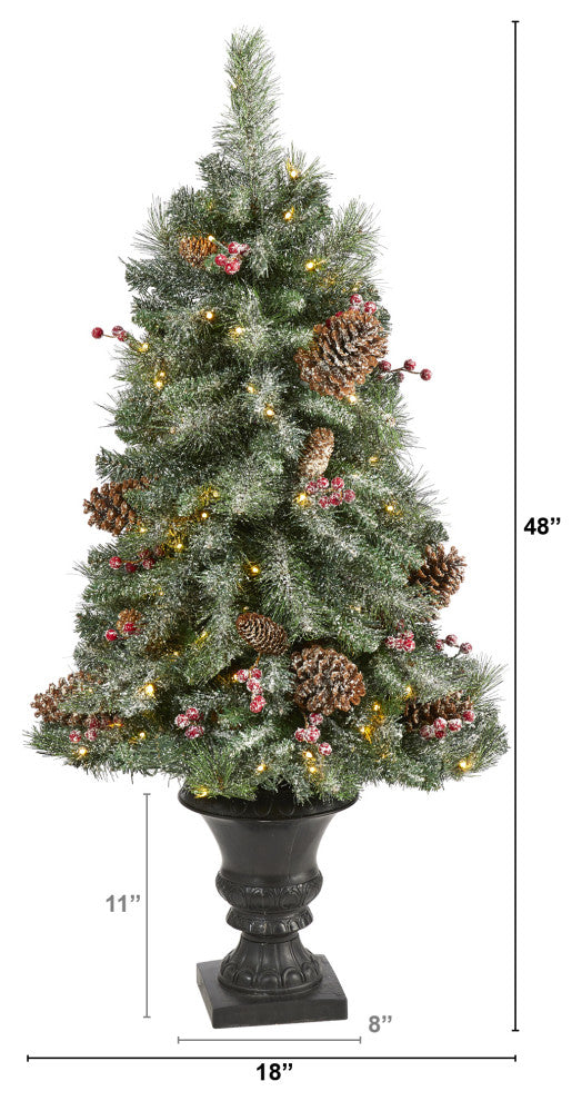 4' Frosted Pine, Pinecone & Berries Faux Xmas Tree W/100 Clear Lights, Urn
