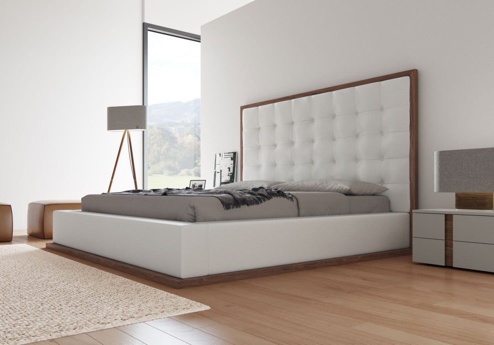 Ludlow Queen Bed, Walnut, White Leatherette