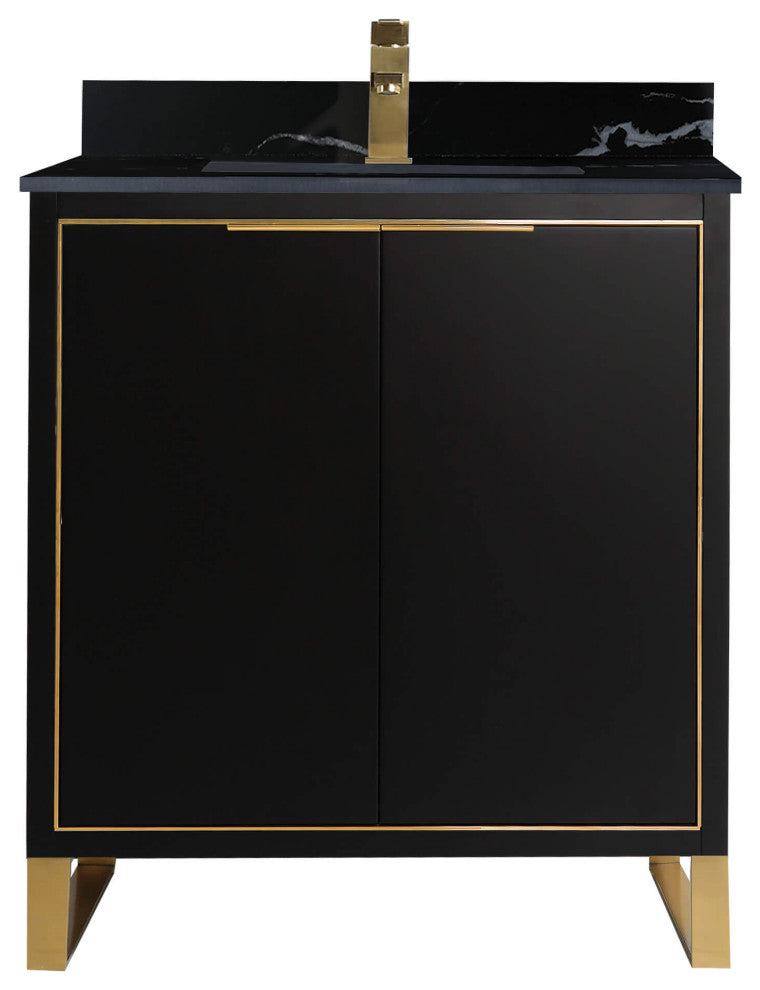 Opulence Bath Vanity, Black Matte, 30", Satin Brass Hardware, Black Marble Top