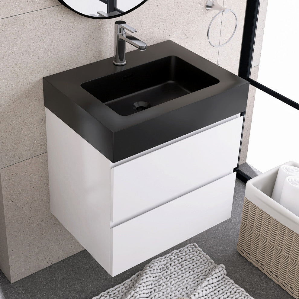 Wood Wall-Mounted Bathroom Vanity Set with Black Integrated Quartz Sand Sink, White, 24"