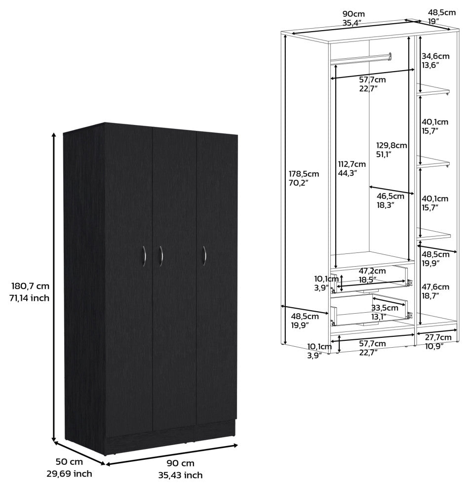 DEPOT E-SHOP Westbury Wardrobe Armoire with 3 Doors, 2 Drawers, 4-Tier Shelves