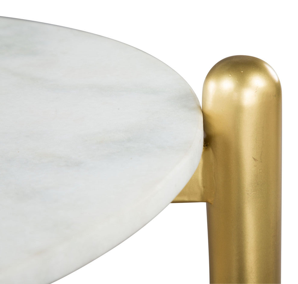 Sofa Side Table, Round, Artificial Marble, Steel Metal, White, Brown, Gold