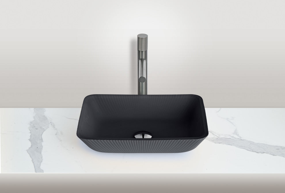 CastelloUSA Arete Rectangular Tempered Glass Vessel Sink Basin, Matte Black