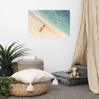 Yellow Canoe & Blue Sea with Soft Violet Effect Landscape Photo Loose Art Print, 24" X 36"