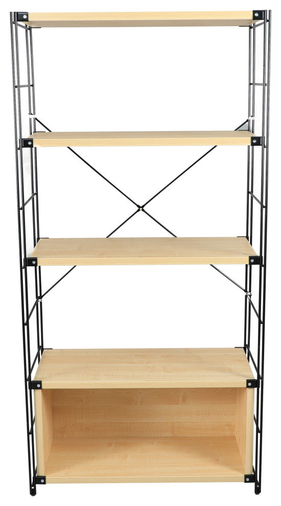 LeisureMod Brentwood Bookcase with Black Steel Frame, Natural Wood