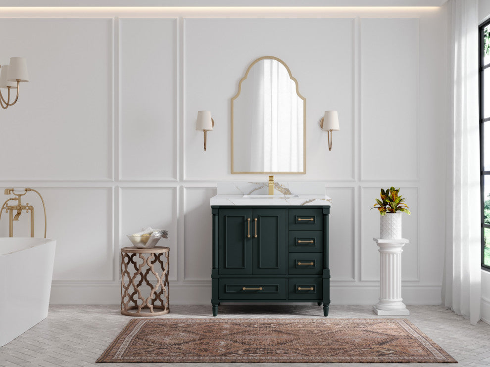 Aberdeen 36 Center Sink Bath Vanity in Dark Forest Green 2" Calacatta Gold