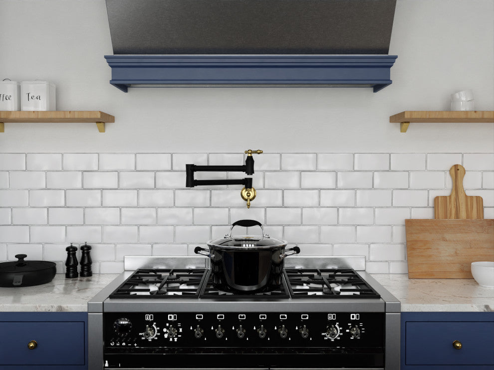 24" Wall Mounted Pot Filler With Dual Swivel, Matte Black and Brushed Gold