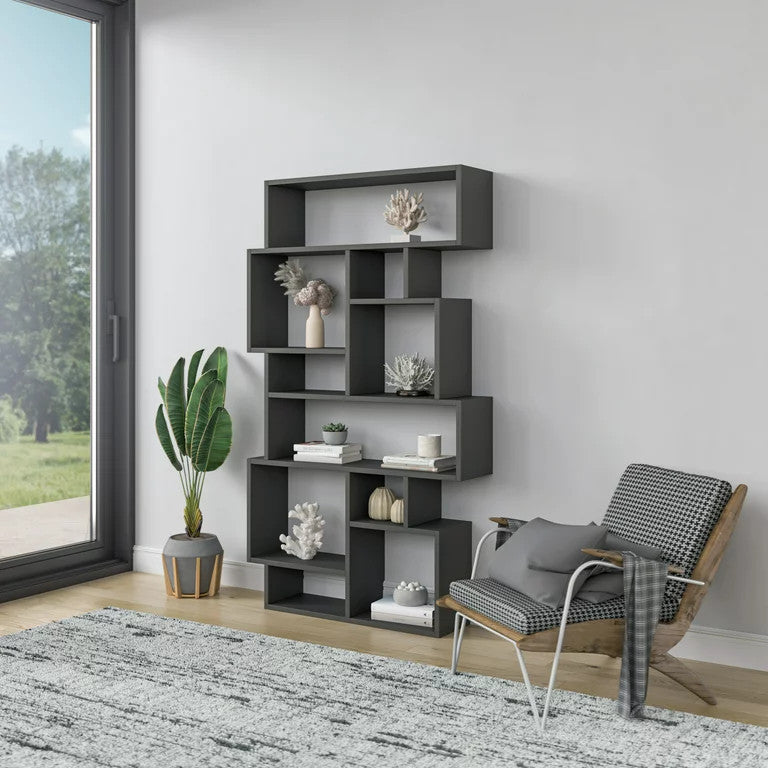 Modern Bookcase, Geometric Design With 10 Asymmetrical Open Shelves, Anthracite