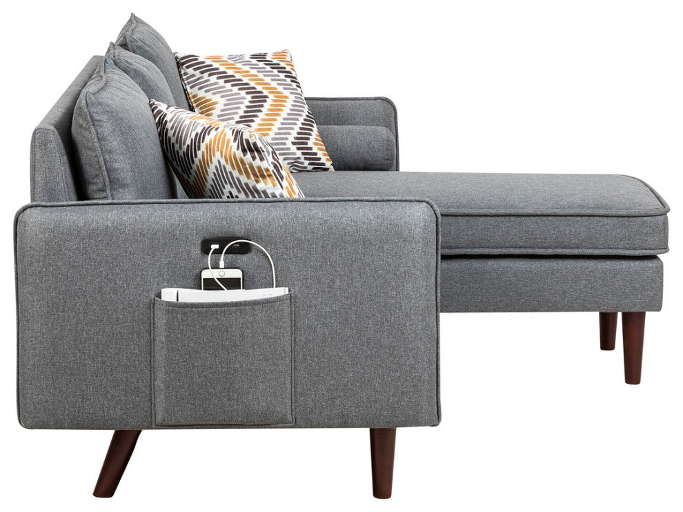 Mia Gray Linen Fabric Sectional Sofa Chaise With USB Charger and Pillows