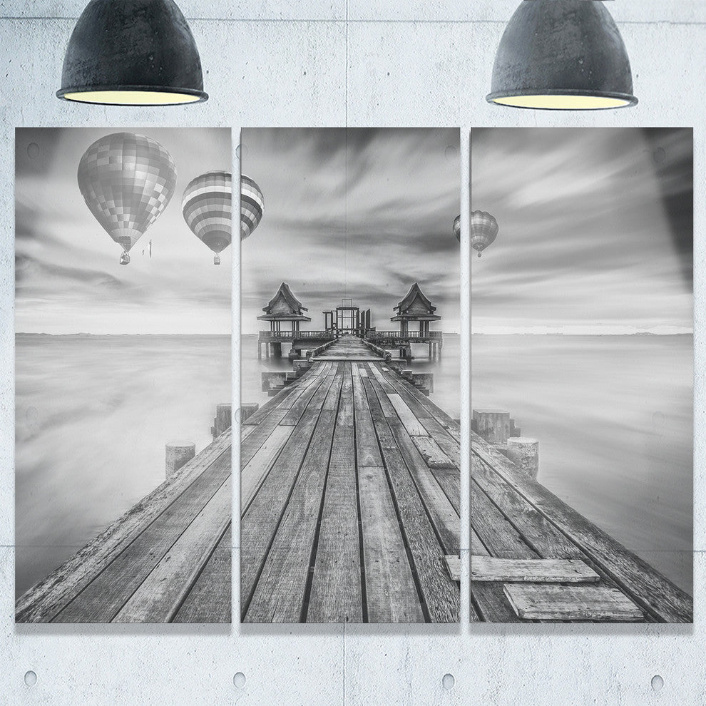 "Wood Bridge in Port between Sunrise" Metal Wall Art, 3 Panels, 36"x28"