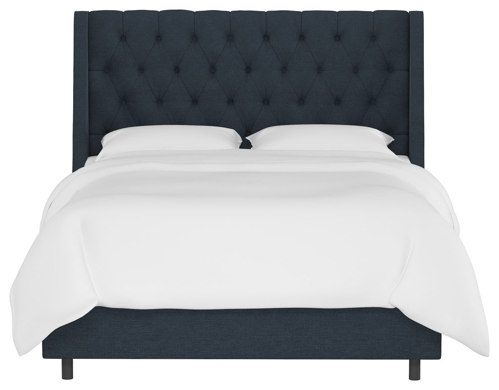 Wells Twin Tufted Wingback Bed, Linen Navy