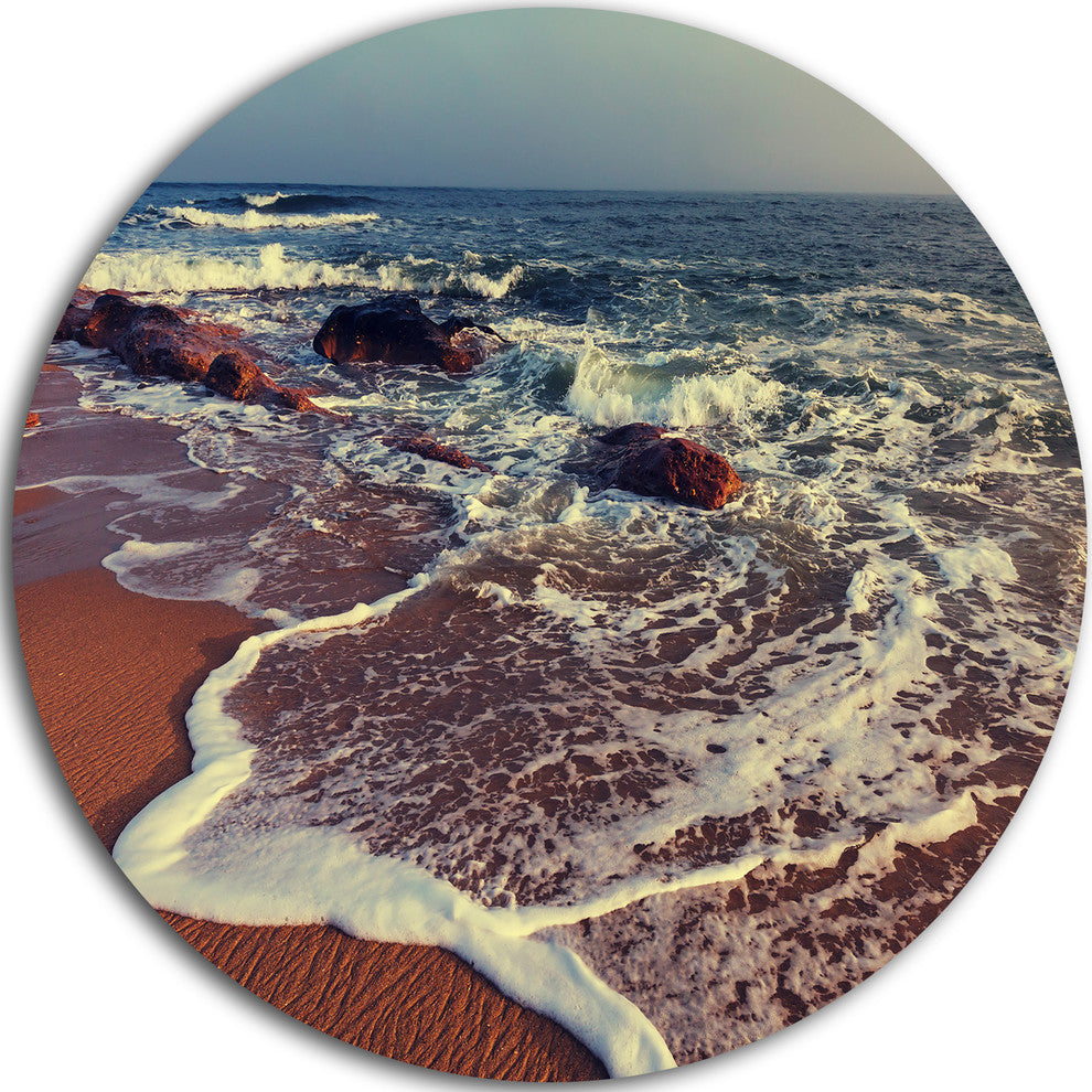 Foaming Waves Kissing Wide Beach, Seashore Disc Metal Artwork, 36"