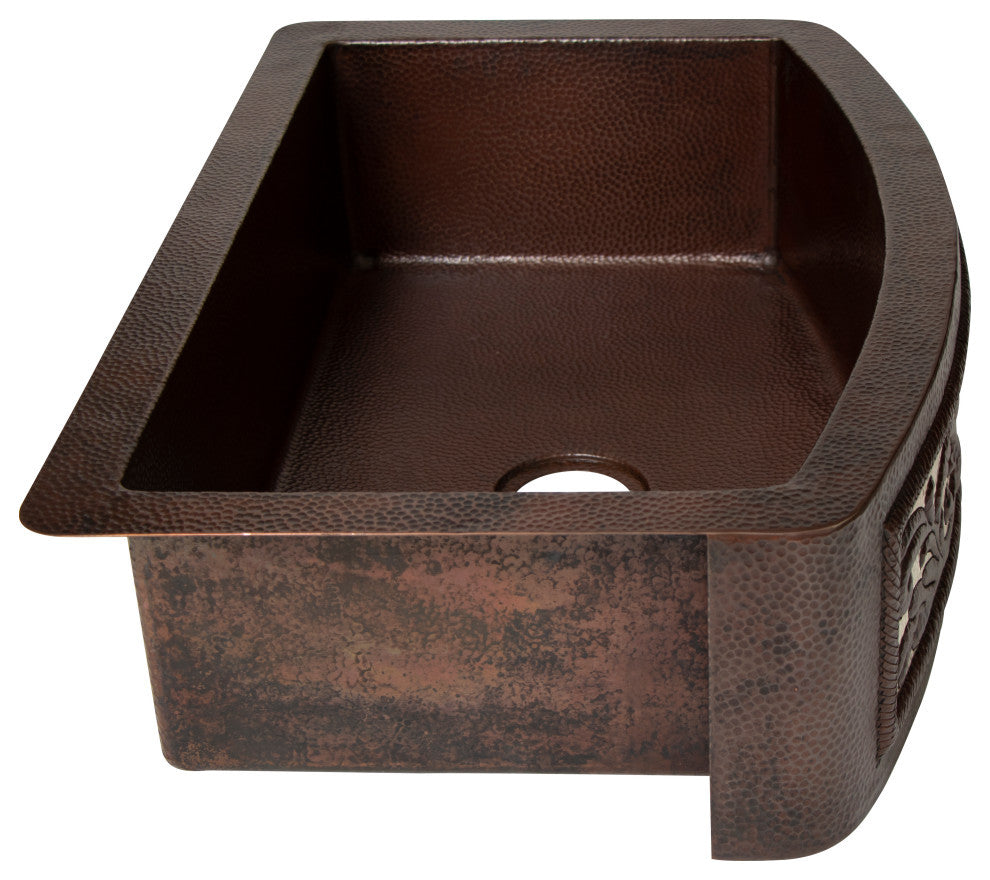 33" Farmhouse One Bowl Silver Round Apron Hammered Copper Kitchen Sink, 16 Gauge