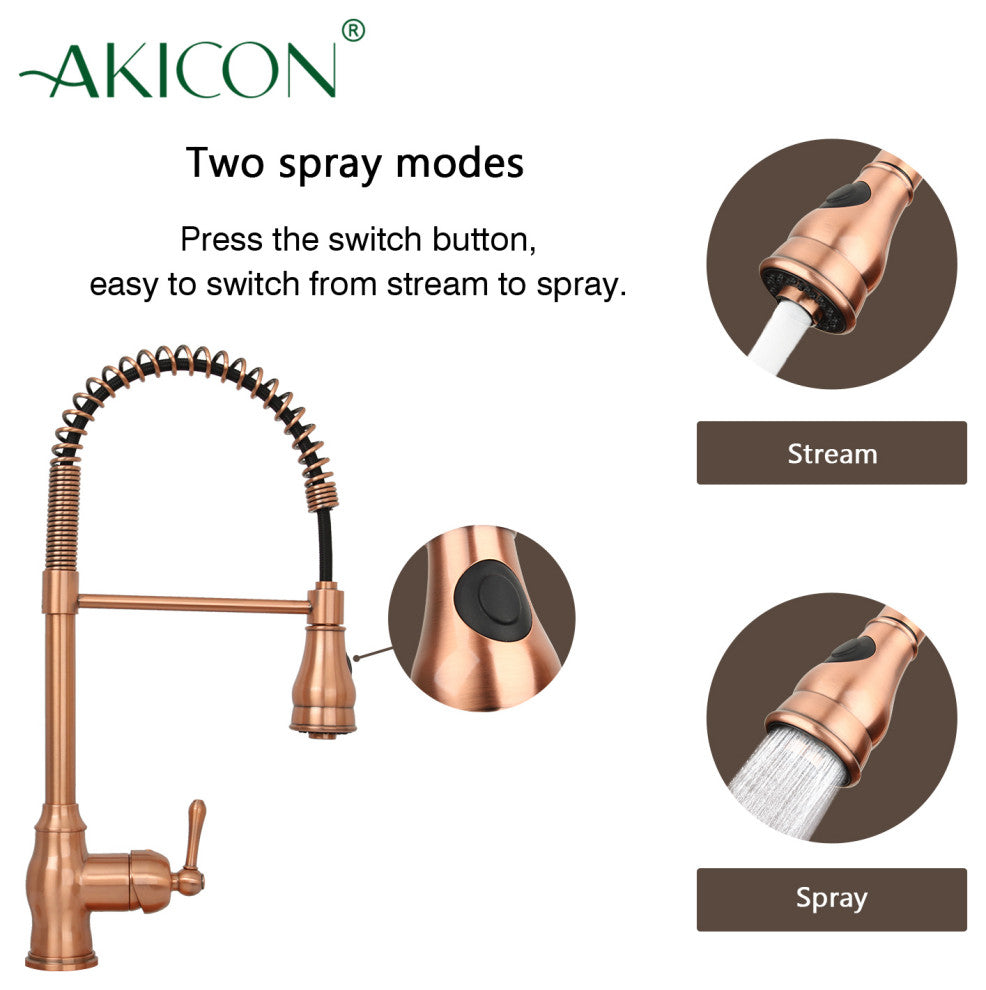 Copper Pre-Rinse Spring Kitchen Faucet with Pull Down Sprayer, Copper