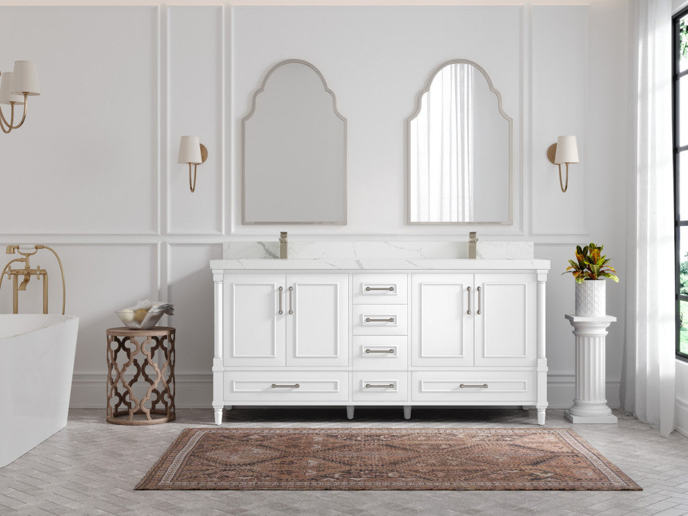 Aberdeen 72 Double Sink Bath Vanity in White 2" Calacatta Laza