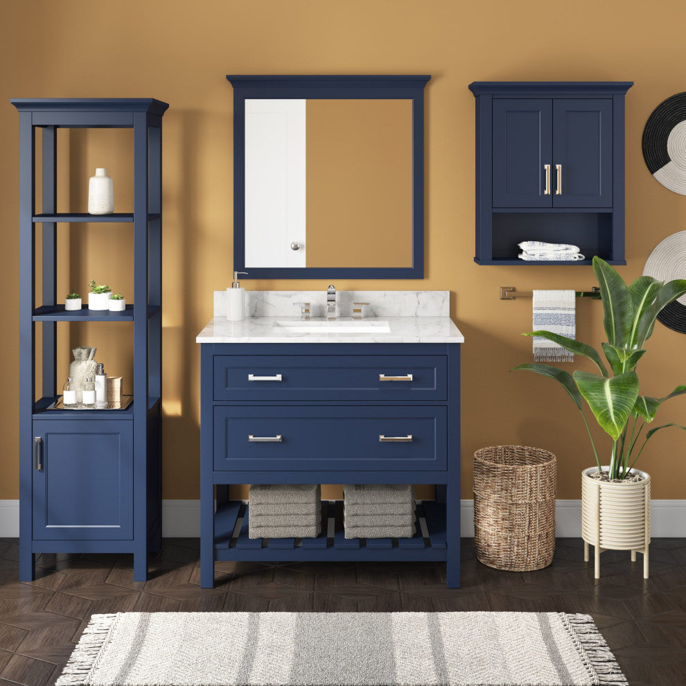 Framed Wall Mounted Bathroom Mirror, Blue;, 32" X 32"