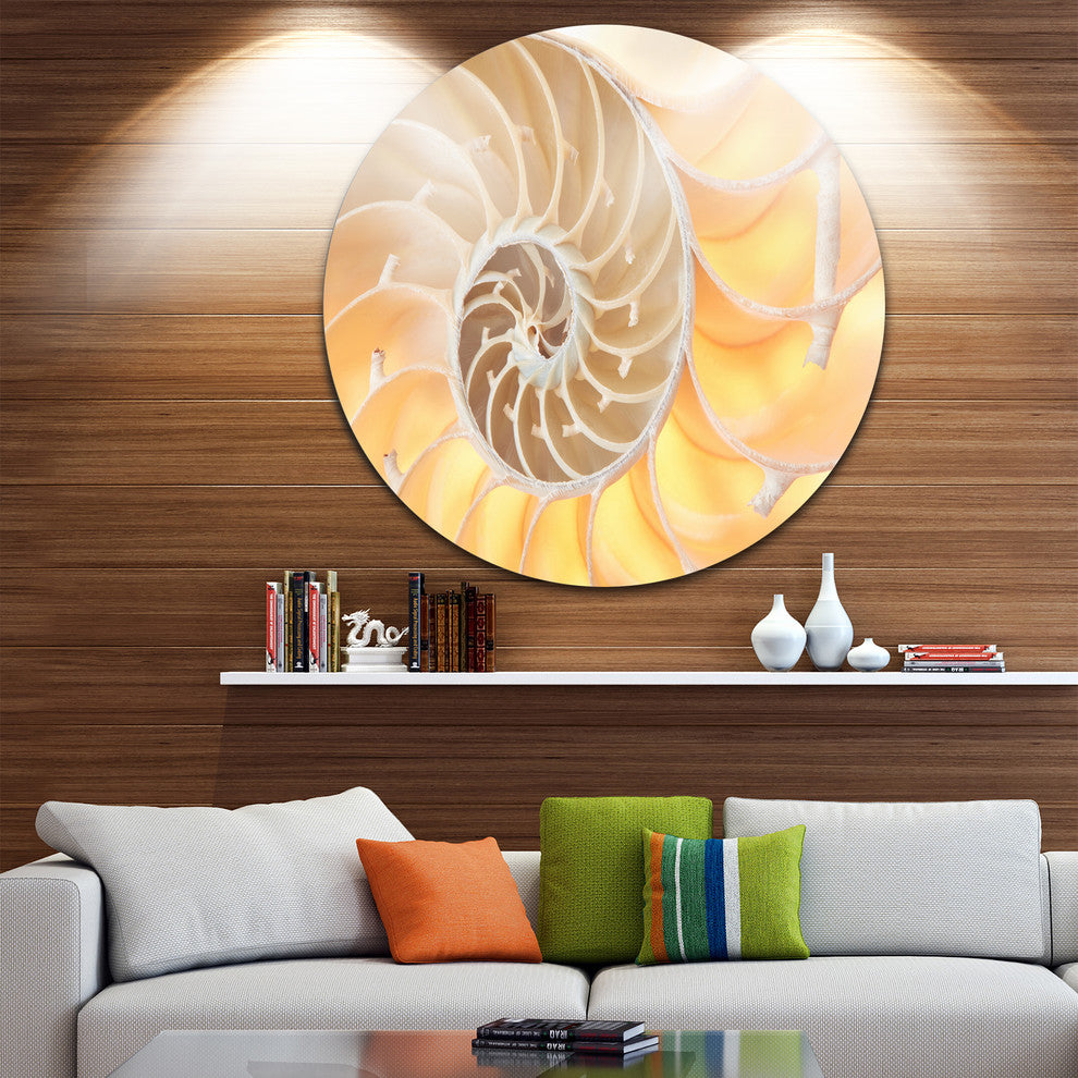 Golden Nautilus Shell Pattern, Abstract Art Round Metal Wall Art, 23"